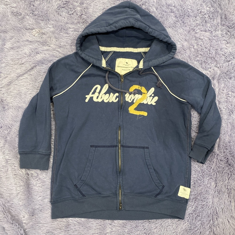 Vintage Y2K Abercrombie and Fitch 3/4 Sleeve Blue‎ Zip Up Hoodie Size Large